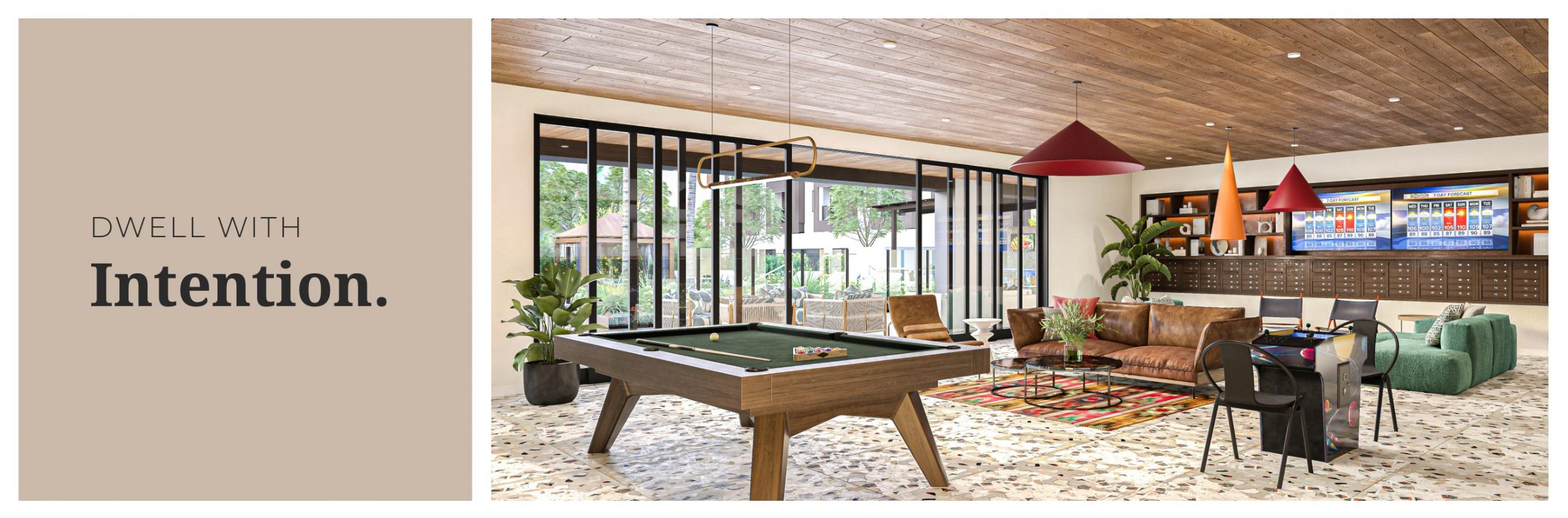 Callia game room with seating, billiards copy: Dwell with intention.