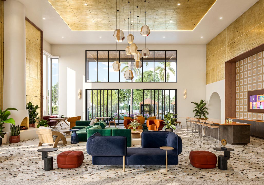 Callia lobby with dramatic ceilings and plush seating areas