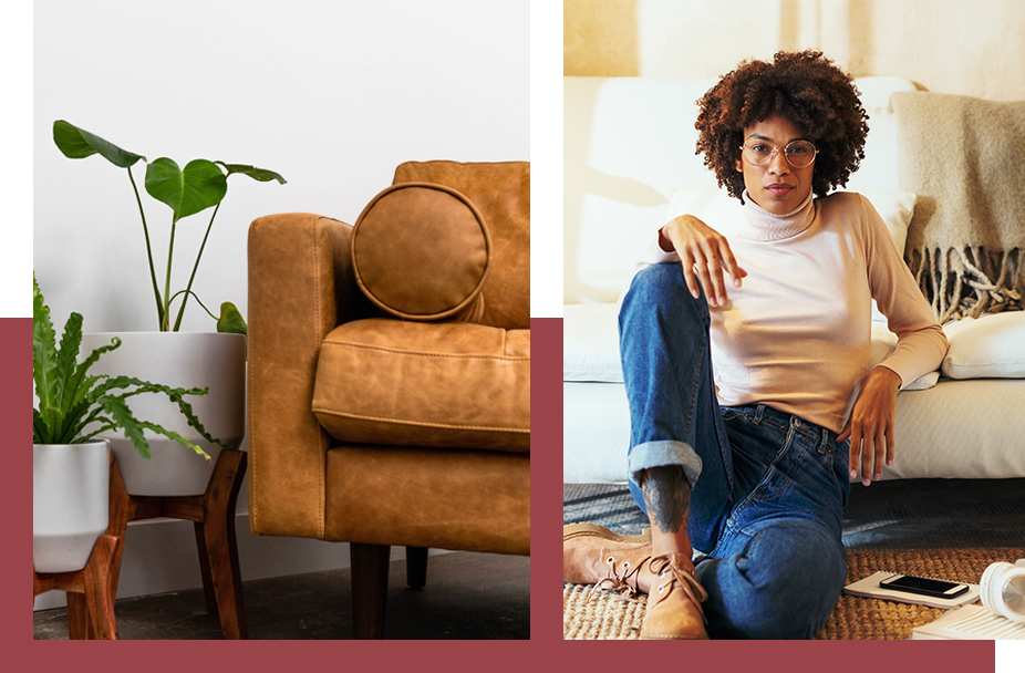 Split image. Tan leather couch with plants on left. Woman leaning against couch on right.